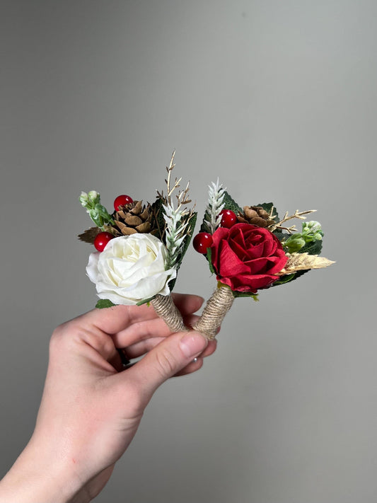 Christmas White Gold Red Boutonniere Wedding Groom Boutonnières Groomsmen Ivory Boutonnière Christmas Pine Cone Artificial Flowers