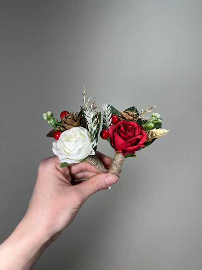 Christmas White Gold Red Boutonniere Wedding Groom Boutonnières Groomsmen Ivory Boutonnière Christmas Pine Cone Artificial Flowers