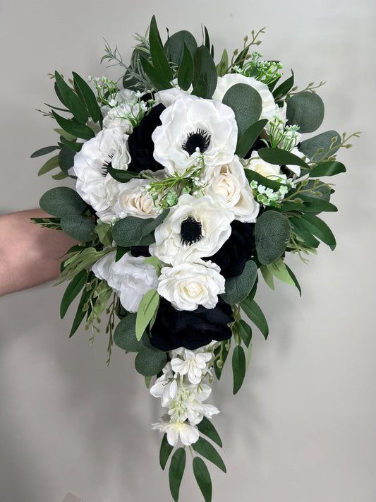 White Black Bouquet Wedding Cascade Anemone Bouquet White Cascading Bouquet Bridesmaids Black White Anemone Bouquet Greenery Artificial