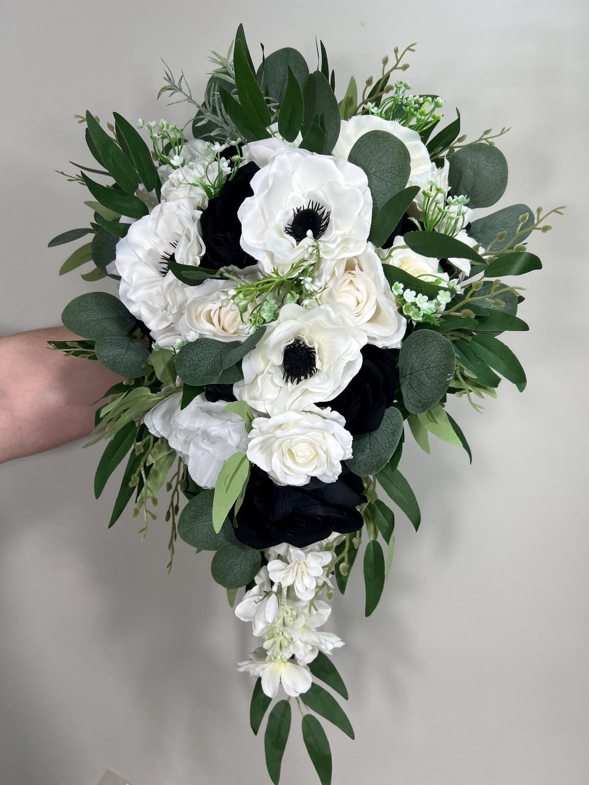 White Black Bouquet Wedding Cascade Anemone Bouquet White Cascading Bouquet Bridesmaids Black White Anemone Bouquet Greenery Artificial