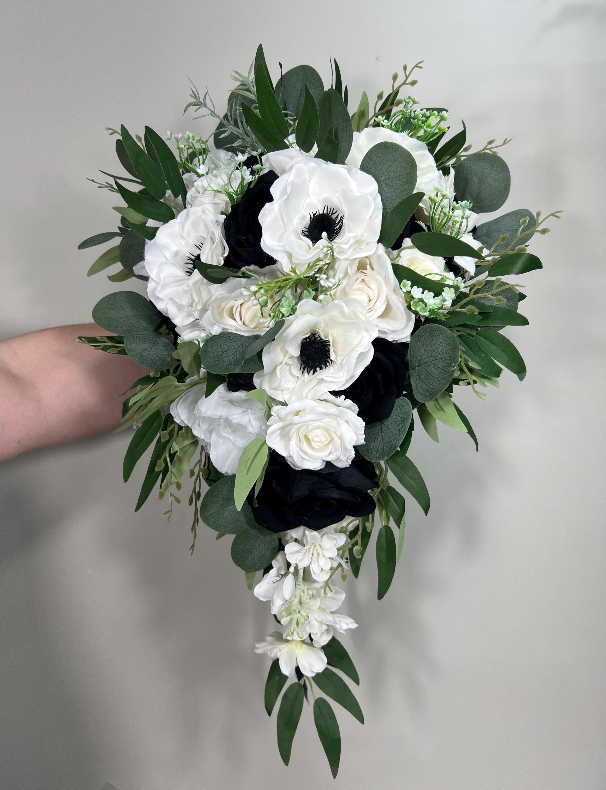 White Black Bouquet Wedding Cascade Anemone Bouquet White Cascading Bouquet Bridesmaids Black White Anemone Bouquet Greenery Artificial