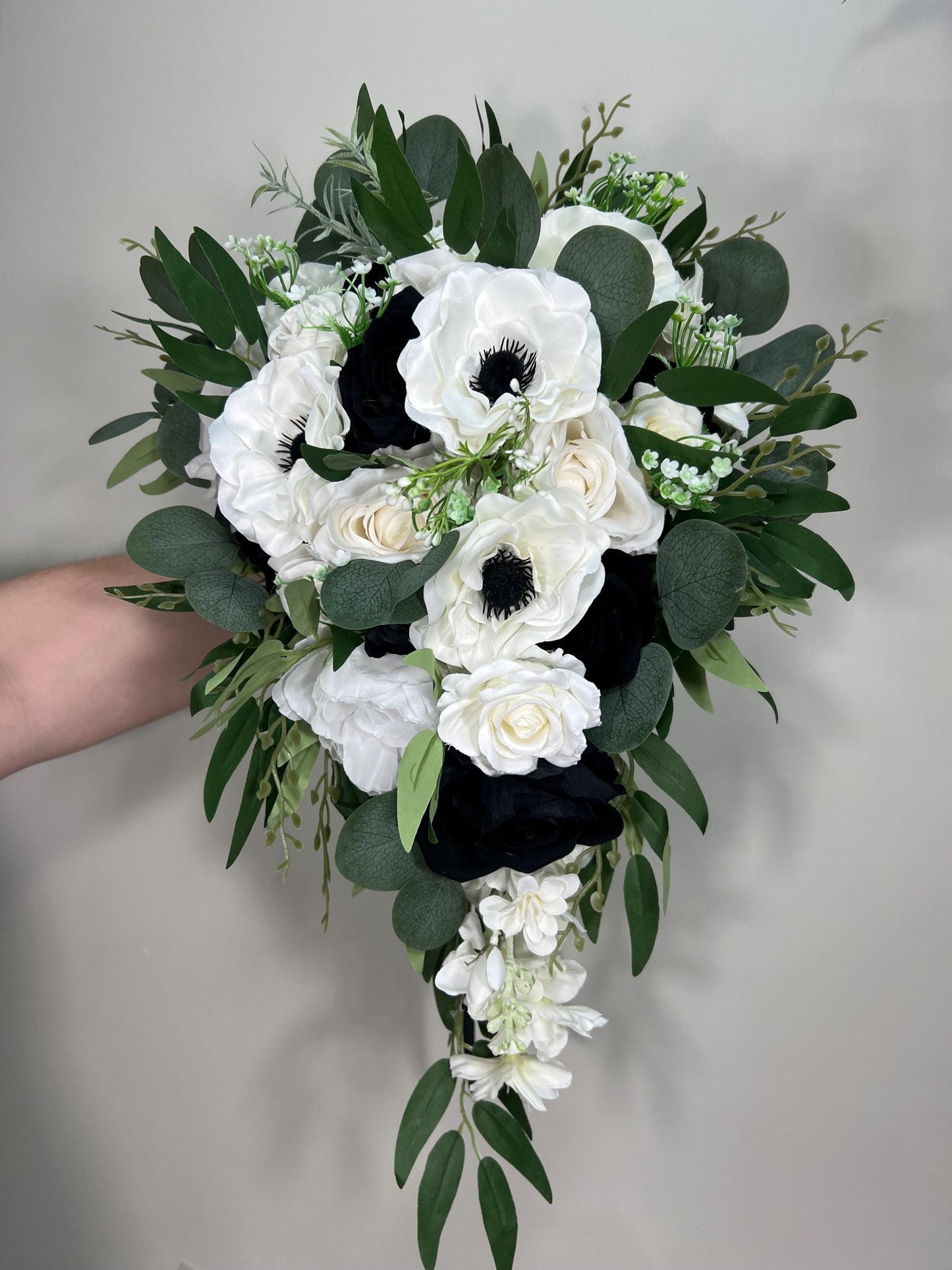 White Black Bouquet Wedding Cascade Anemone Bouquet White Cascading Bouquet Bridesmaids Black White Anemone Bouquet Greenery Artificial