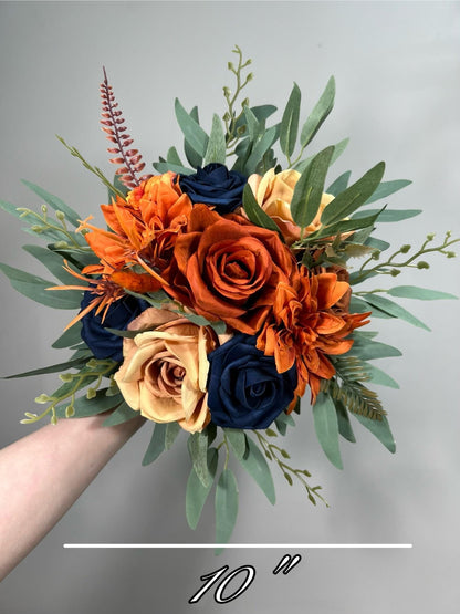 Navy Blue Orange Bouquet Wedding Navy Blue Rust Bouquet Bridesmaids Terracotta Dark Blue Bouquet Burnt Orange Navy Blue Artificial Flowers