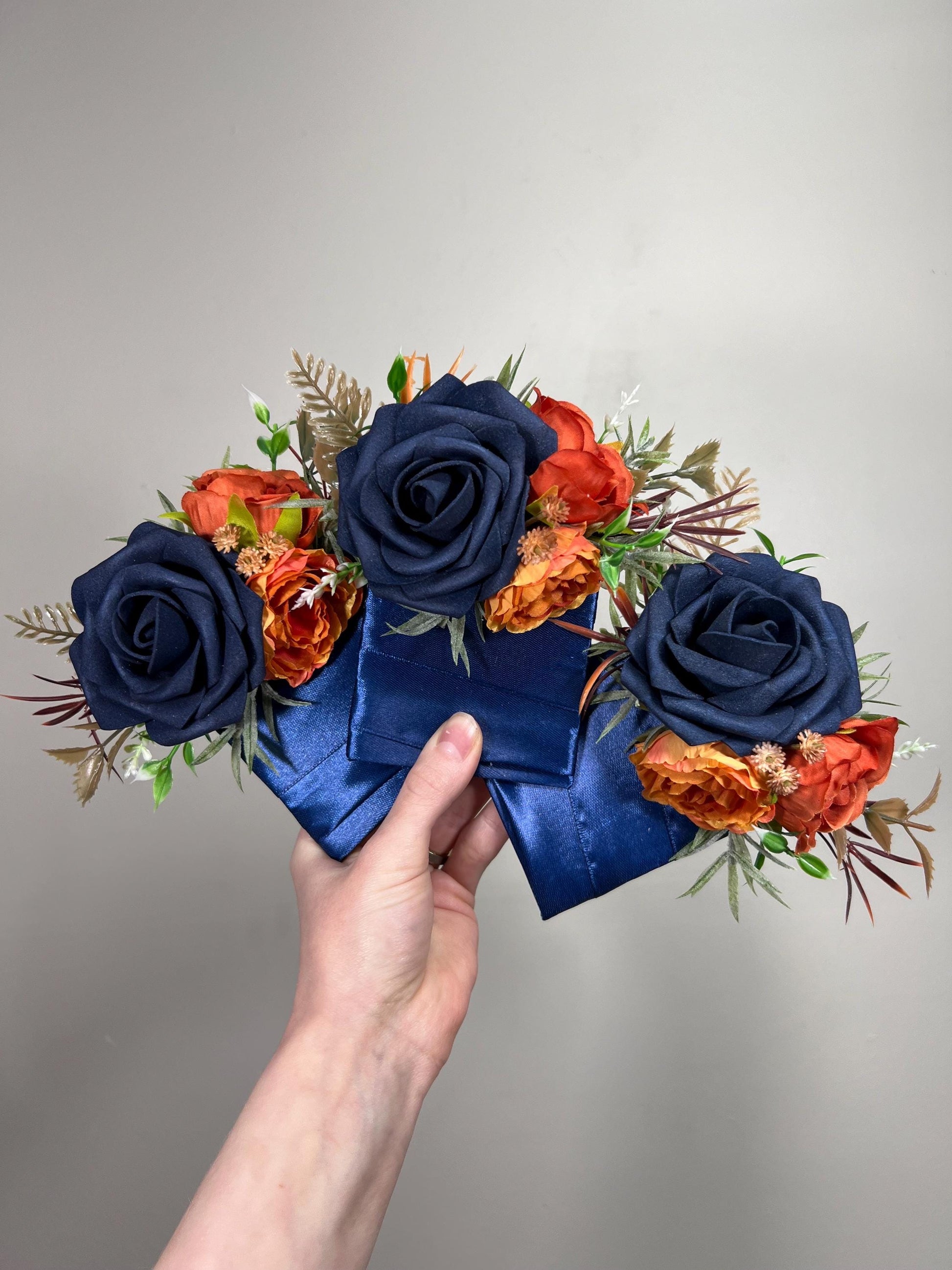 Navy Blue Rust Bouquet Bridal Wedding Cascade Bouquet Navy Blue Terracotta Cascading Bouquet Dark Blue Bridesmaids Burnt Orange Bouquet