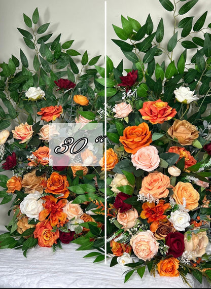 Wedding Aisle Marker Flower Floor Arrangement Whiskey Barrel Décor Orange Ground Arch Burnt Orange Burgundy Terracotta