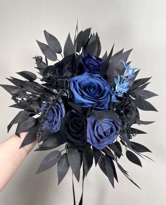 Black Navy Blue Bouquet Wedding Bridal Black Dark Blue Gothic Bouquet Black Bridesmaids Bouquet Black Dark Blue Navy Artificial Flower