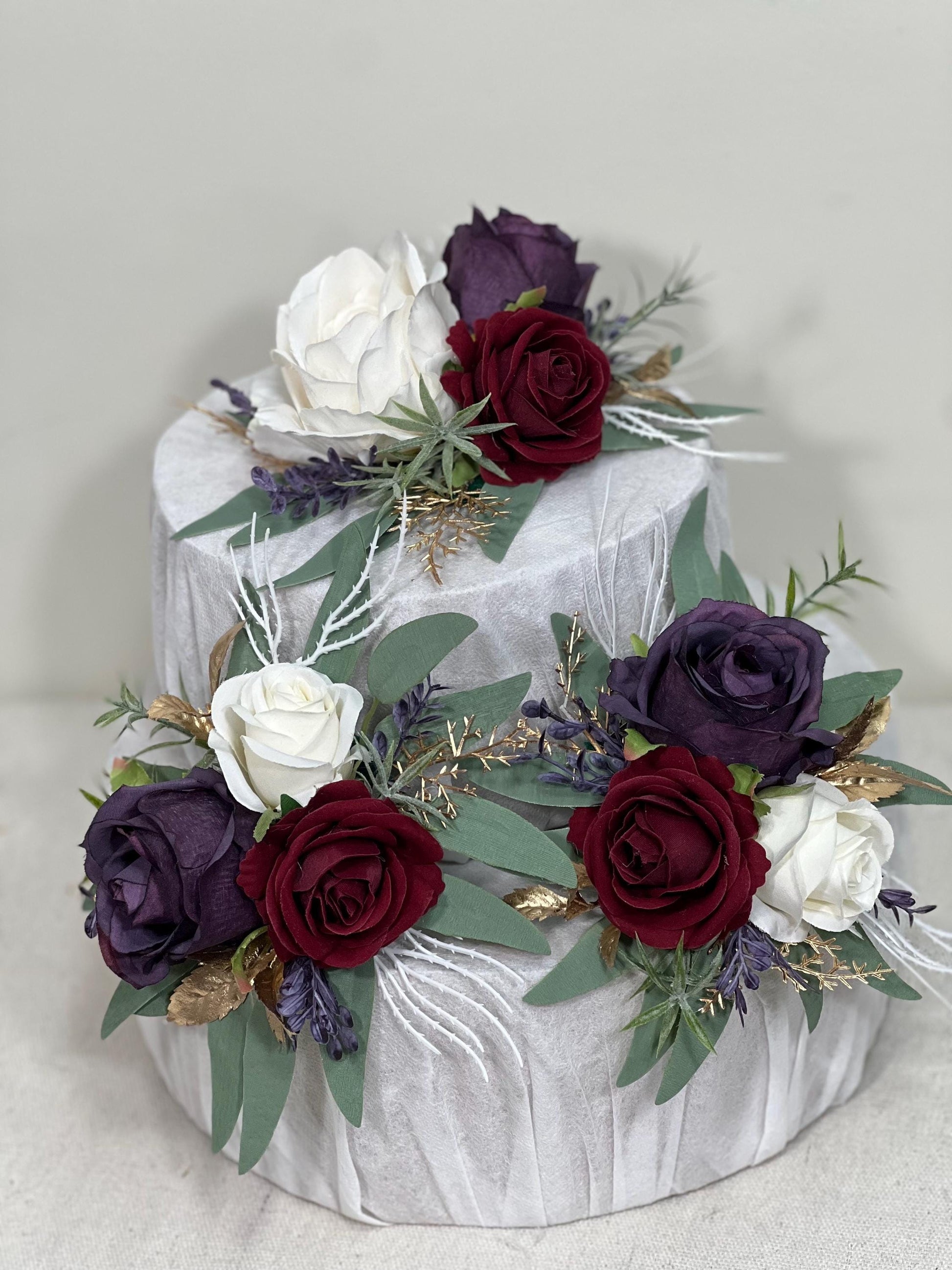 Plum Burgundy Cake Decoration Wedding Cake Topper Dark Purple Wine Red White Artificial Flower Cake Arrangement Plum Burgundy Cake Decor