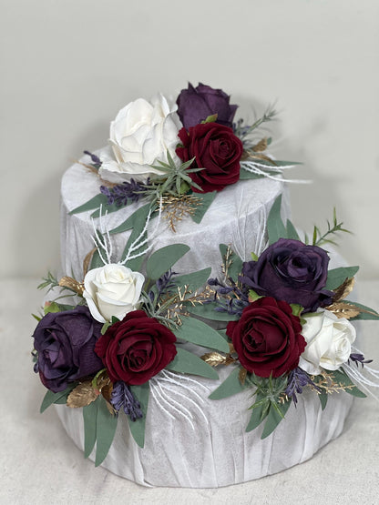 Plum Burgundy Cake Decoration Wedding Cake Topper Dark Purple Wine Red White Artificial Flower Cake Arrangement Plum Burgundy Cake Decor