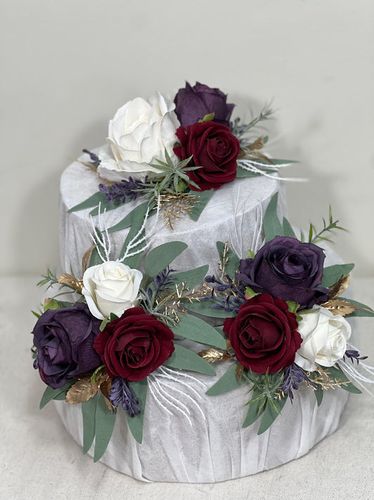 Plum Burgundy Cake Decoration Wedding Cake Topper Dark Purple Wine Red White Artificial Flower Cake Arrangement Plum Burgundy Cake Decor