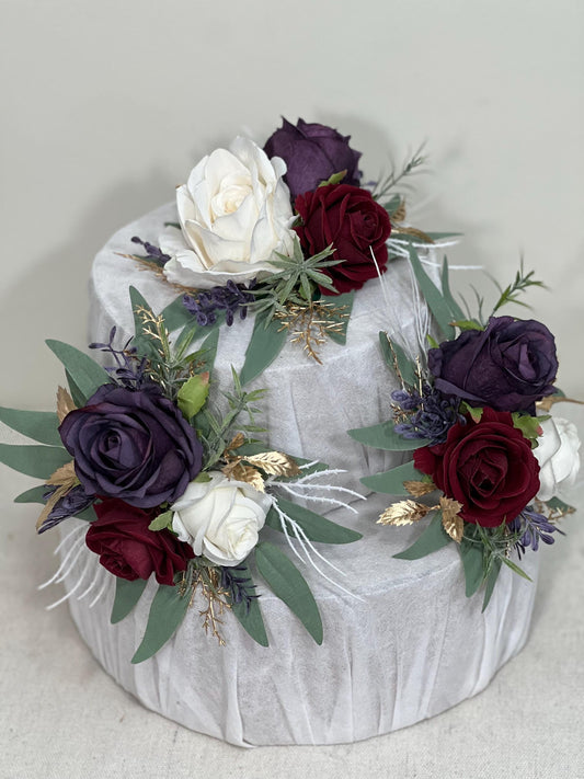 Plum Burgundy Cake Decoration Wedding Cake Topper Dark Purple Wine Red White Artificial Flower Cake Arrangement Plum Burgundy Cake Decor