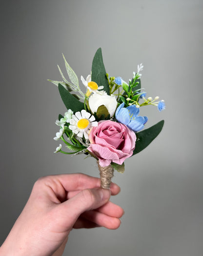 Wild Flowers Corsage Wedding White Blue Pink Wrist Mom Corsage Bridesmaids Daisy Sky Blue Dusty Rose Ivory Baby Breath Artiricial Rustic