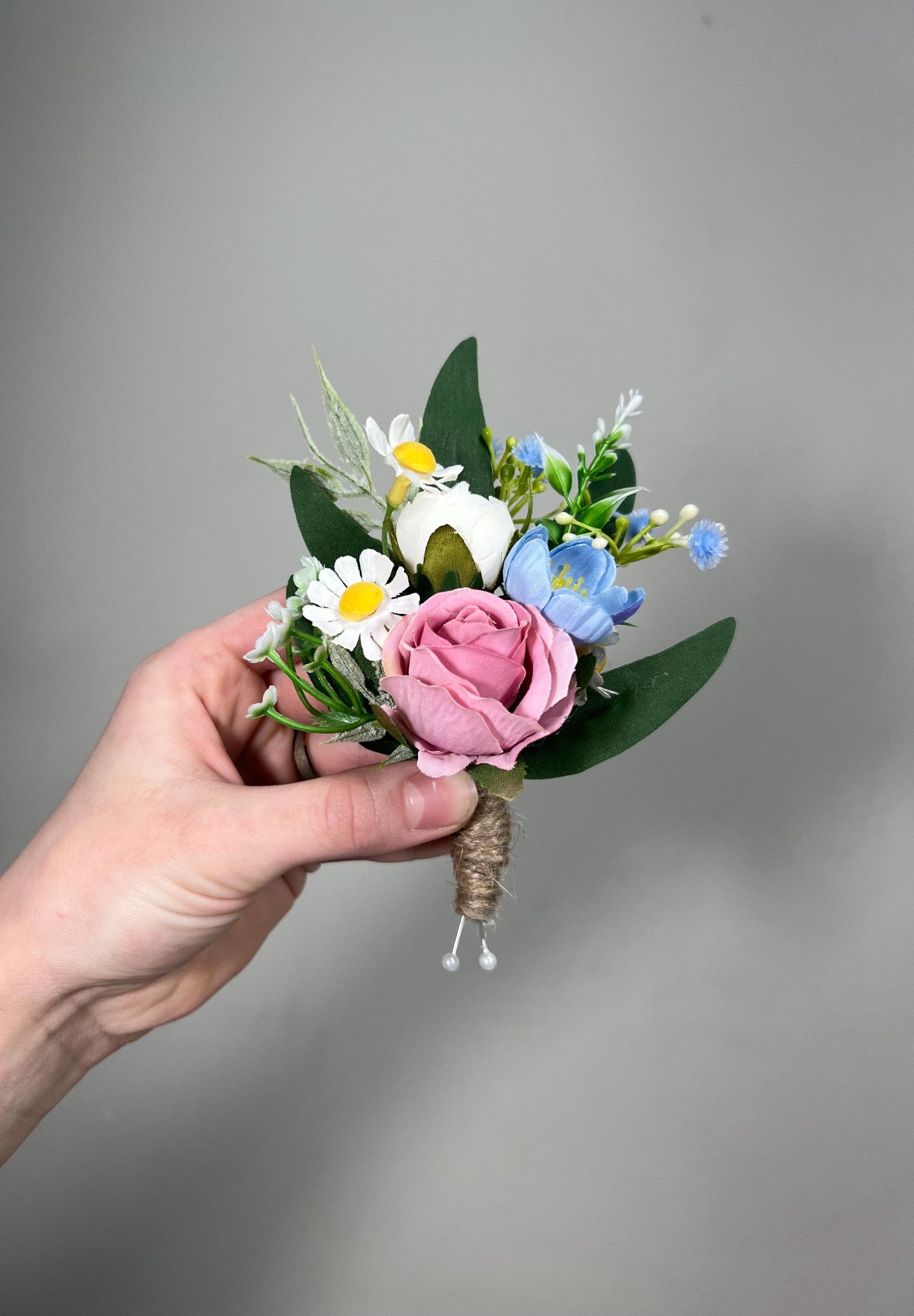 Wild Flowers Corsage Wedding White Blue Pink Wrist Mom Corsage Bridesmaids Daisy Sky Blue Dusty Rose Ivory Baby Breath Artiricial Rustic