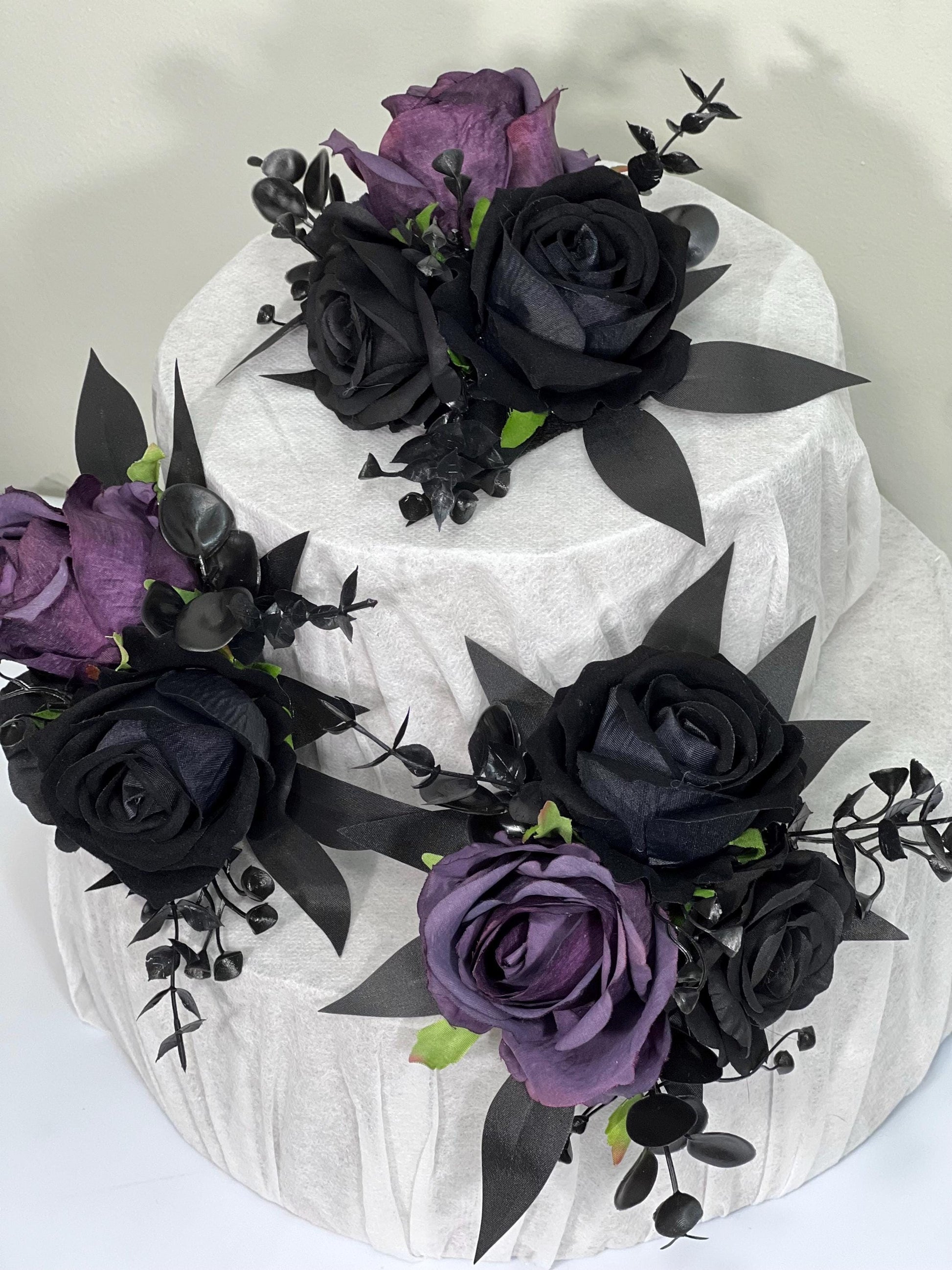 Black Plum Cake Decoration Wedding Topper Black Dark Purple Decor Flower Cake Arrangement Plum Black Cake Decor Artificial Flower Gothic