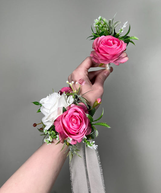 Hot Pink Corsage Wedding White Pink Wrist Corsage Mom Fuchsia Corsage Bridesmaids Greenery Pink White Corsage Prom Artificial Flower