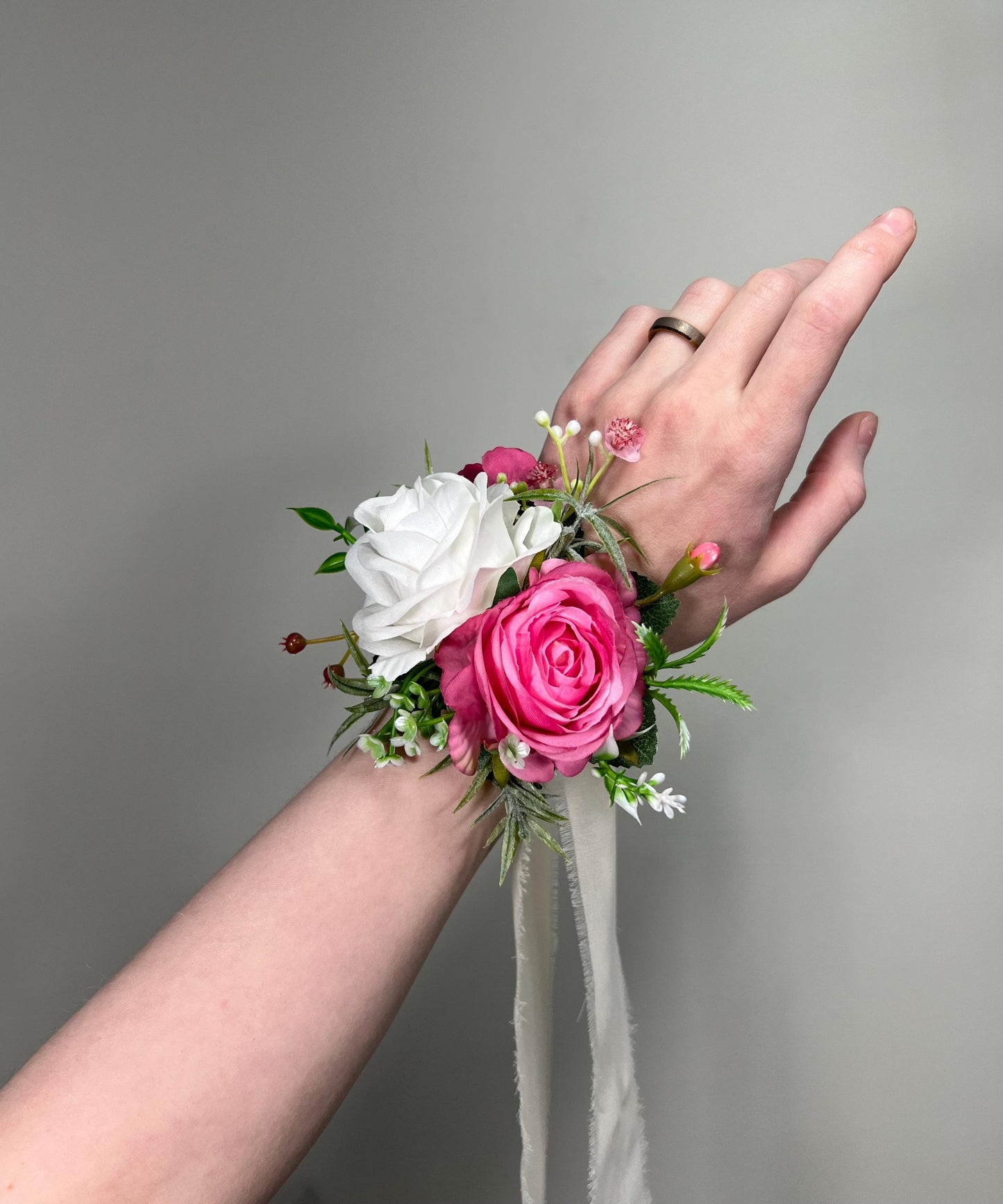 Hot Pink Corsage Wedding White Pink Wrist Corsage Mom Fuchsia Corsage Bridesmaids Greenery Pink White Corsage Prom Artificial Flower