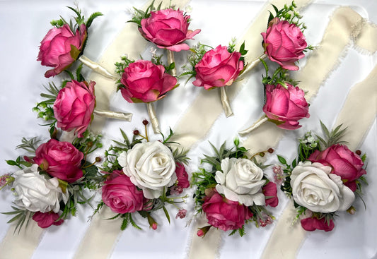 Hot Pink Boutonniere Wedding Fushia Groom Boutonnière Groomsmen White Pink Boutonnière Hot Pink Prom Boutonnière Baby Breath Artificial