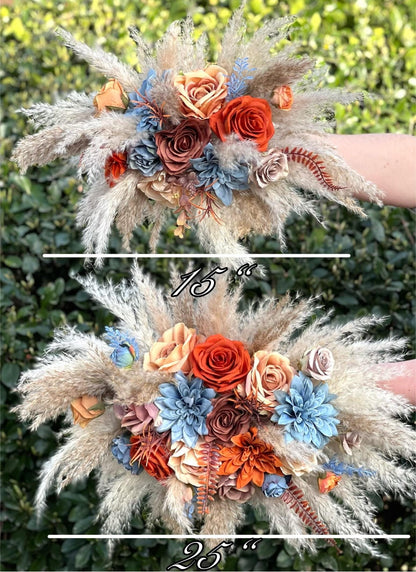 Orange Blue Arch Arrangement Wedding Boho Dusty Blue Rust Arbor Arrangement Terracotta Dusty Blue Arch Arrangement Brown Burnt Orange Pampas