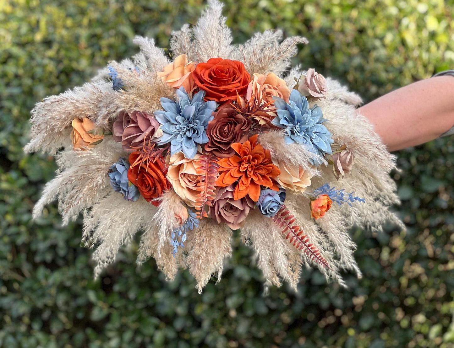 Orange Blue Arch Arrangement Wedding Boho Dusty Blue Rust Arbor Arrangement Terracotta Dusty Blue Arch Arrangement Brown Burnt Orange Pampas