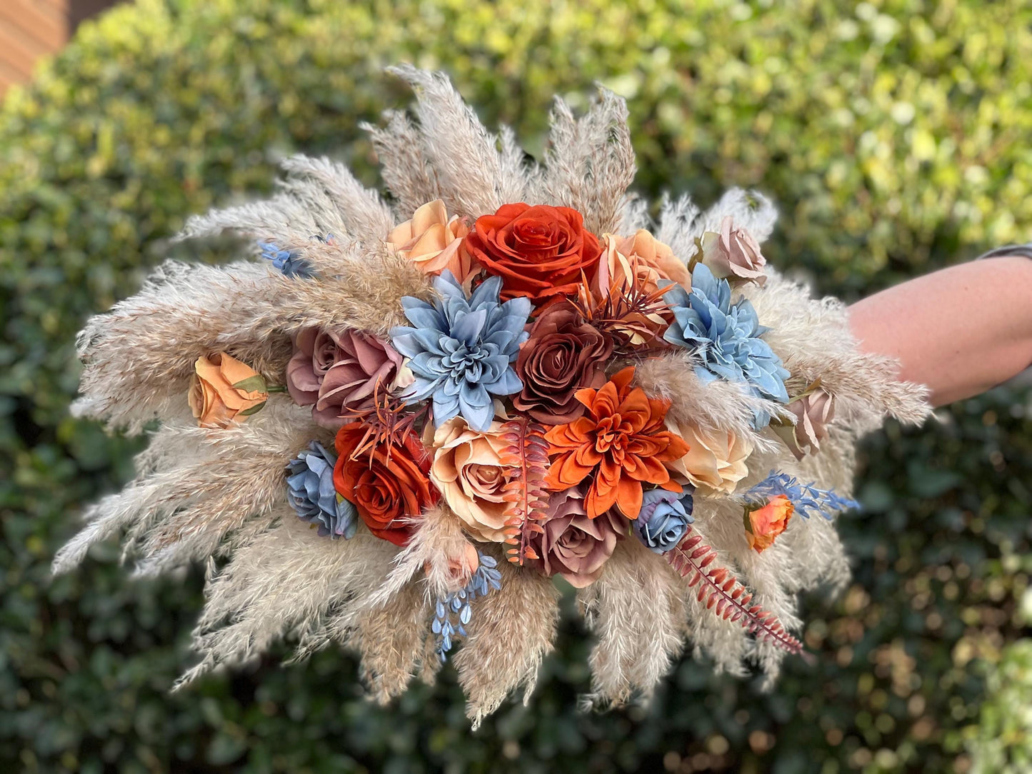 Orange Blue Arch Arrangement Wedding Boho Dusty Blue Rust Arbor Arrangement Terracotta Dusty Blue Arch Arrangement Brown Burnt Orange Pampas