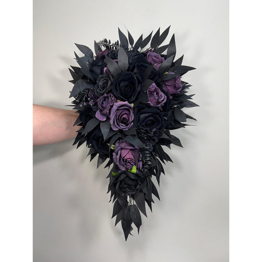 Black Plum Bouquet Bridal Cascading Black Wedding Bouquet Plum Gothic Bridesmaids Bouquet Cascade Dark Purple Black Wedding Artificial