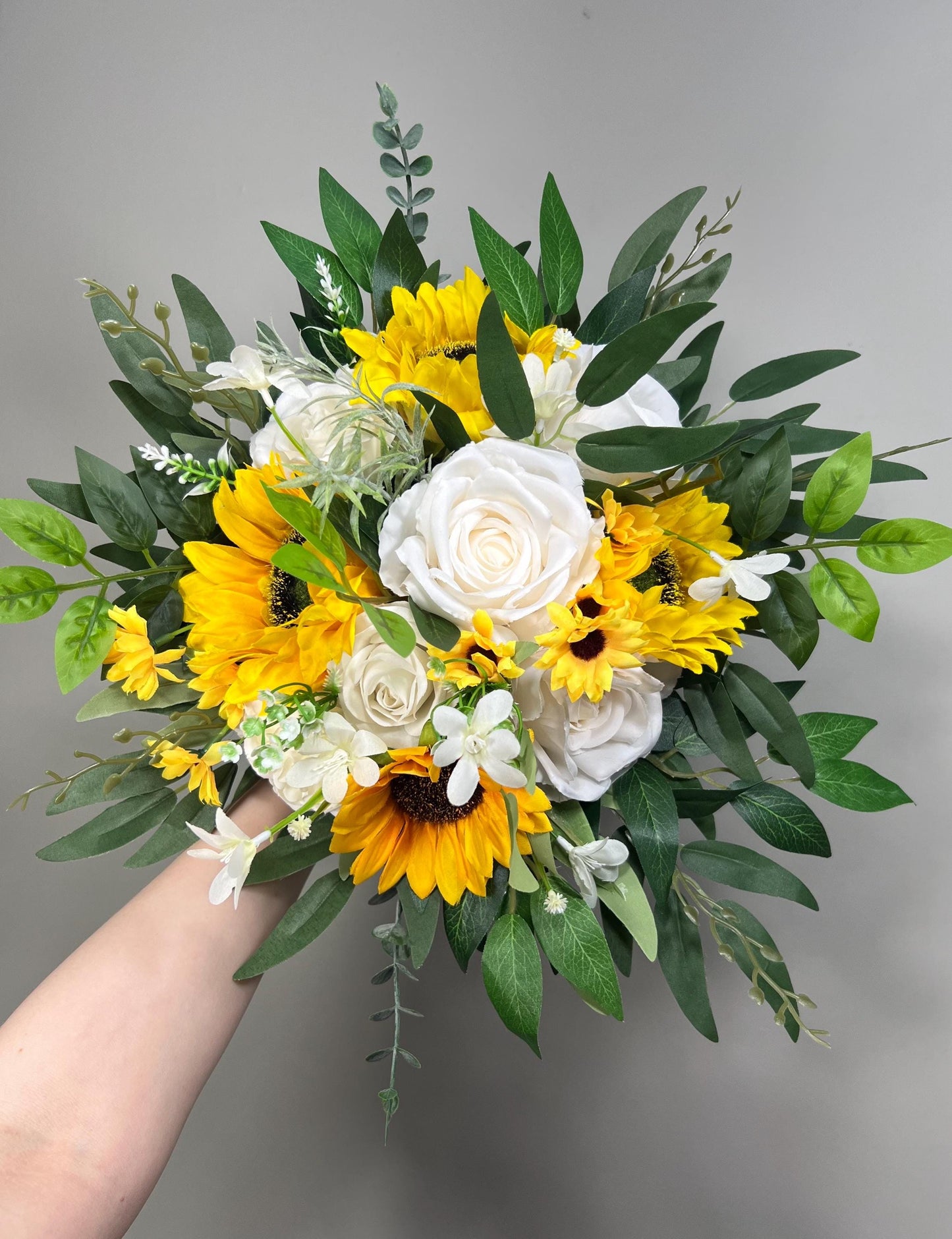 Sunflower Bouquet Bridal White Sunflowers Wedding Bouquet White Baby Breath Bridesmaids Yellow Sunflowers Bouquet Eucalyptus Artificial