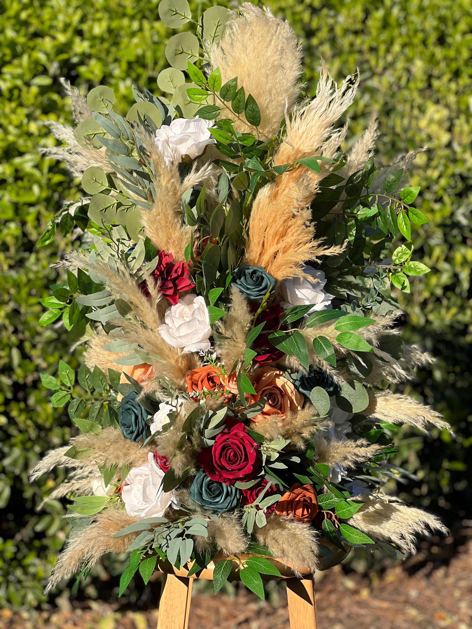 Wedding Aisle Marker Flower Floor Arrangement Barrel Décor Teal Burnt Orange Burgundy