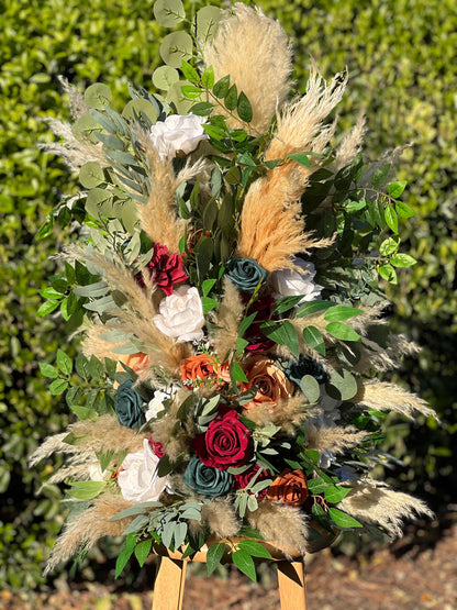 Wedding Aisle Marker Flower Floor Arrangement Barrel Décor Teal Burnt Orange Burgundy