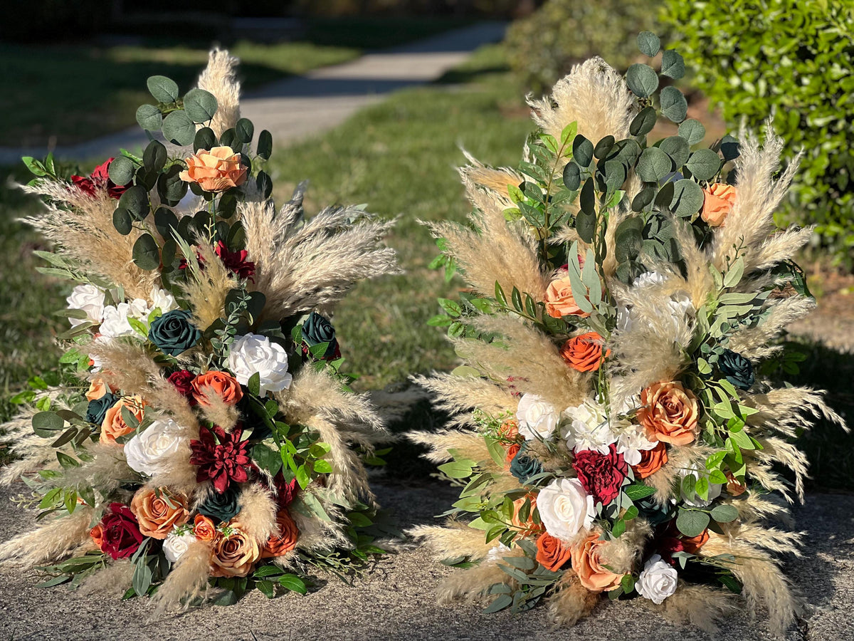 Set of 2 Wedding Aisle Marker Flower Floor Arrangement Whiskey Barrel Orange Décor Teal Boho Terracotta Burgundy Ground Arch Pampas Grass