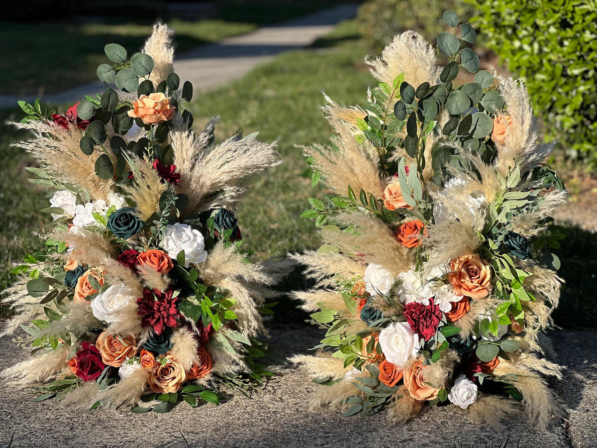 Set of 2 Wedding Aisle Marker Flower Floor Arrangement Whiskey Barrel Orange Décor Teal Boho Terracotta Burgundy Ground Arch Pampas Grass