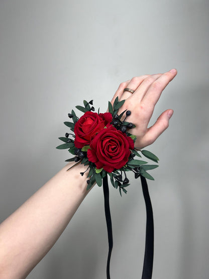Red Corsage Wedding Wrist Corsage Dark Red Eucalyptus Bridesmaids Dark Red Corsage Prom Corsage Red Black Artificial Flower