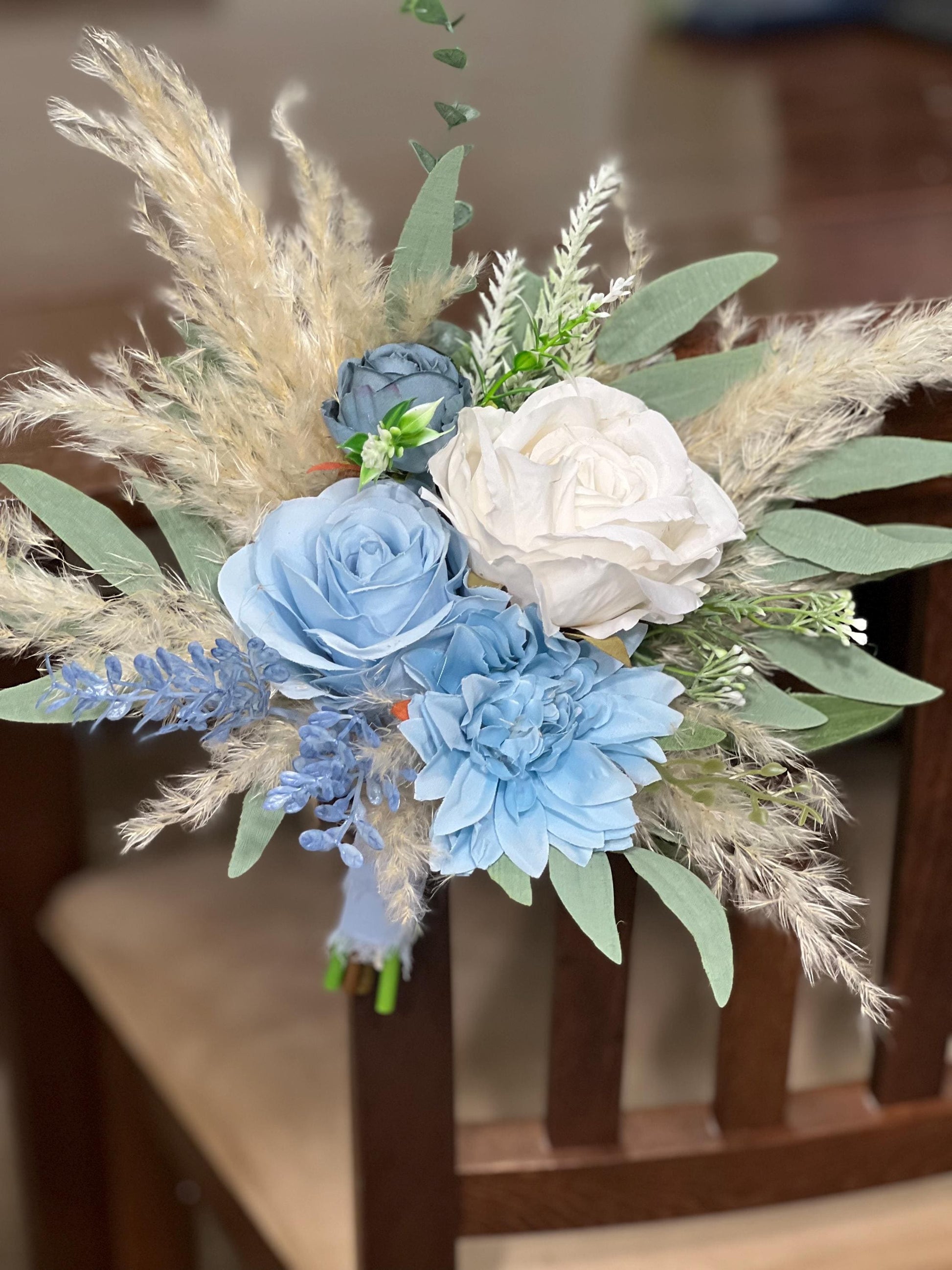 Pew Decor Blue White Wedding Dusty Blue Aisle Decoration Boho Ivory Ceremony Decor White Blue Chair Decor White Aisle Marker Pampas Grass