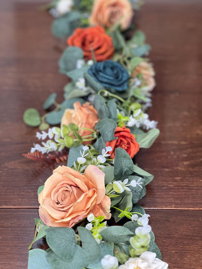 Dark Teal Orange Garland Wedding Terracotta Eucalyptus Garland Rust Teal Greenery Decor Table Runner Burnt Orange Mantle Garland Artificial