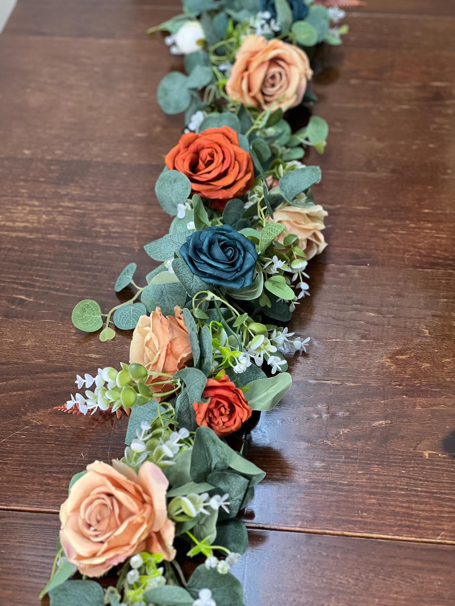 Dark Teal Orange Garland Wedding Terracotta Eucalyptus Garland Rust Teal Greenery Decor Table Runner Burnt Orange Mantle Garland Artificial