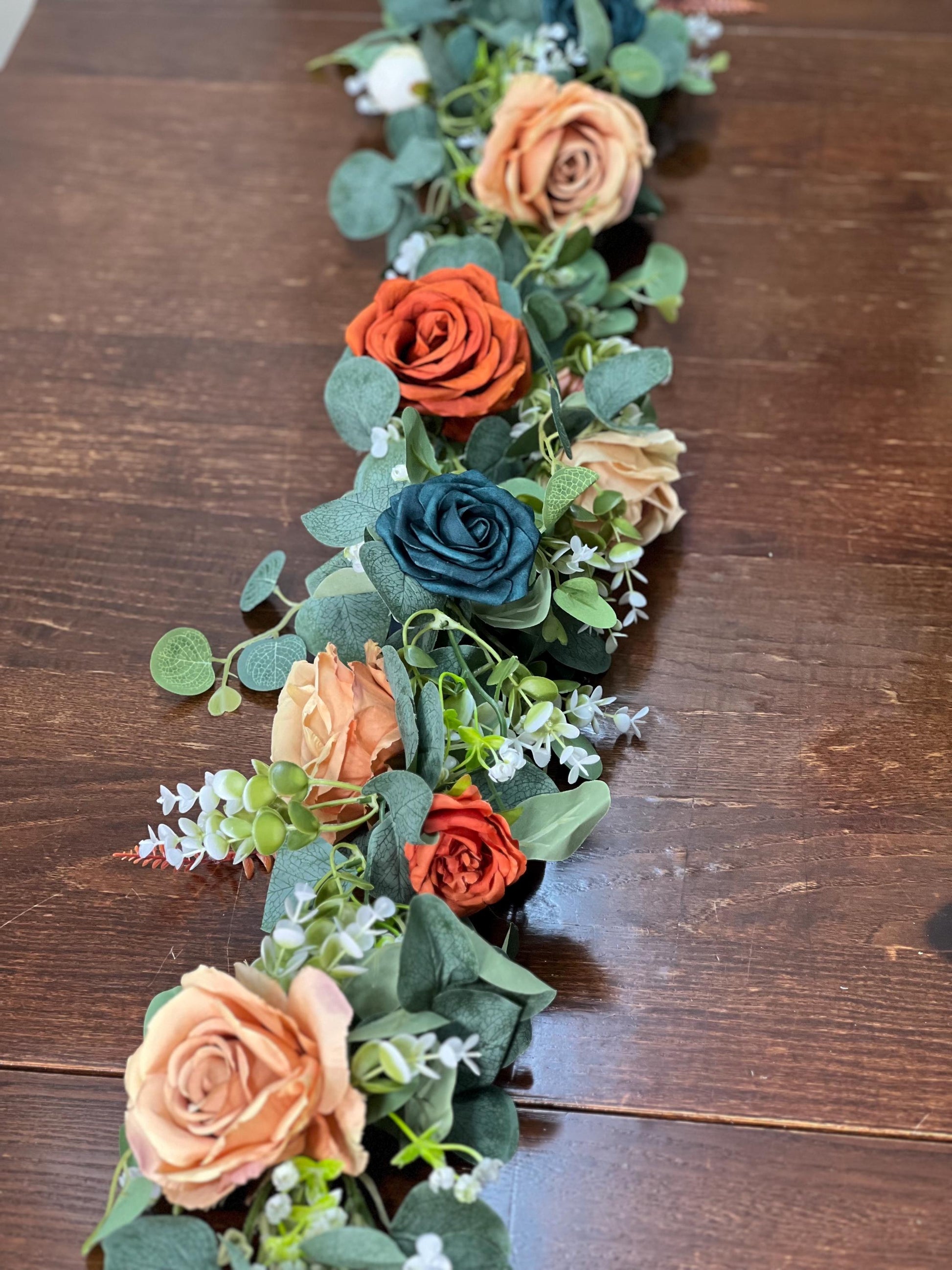 Dark Teal Orange Garland Wedding Terracotta Eucalyptus Garland Rust Teal Greenery Decor Table Runner Burnt Orange Mantle Garland Artificial