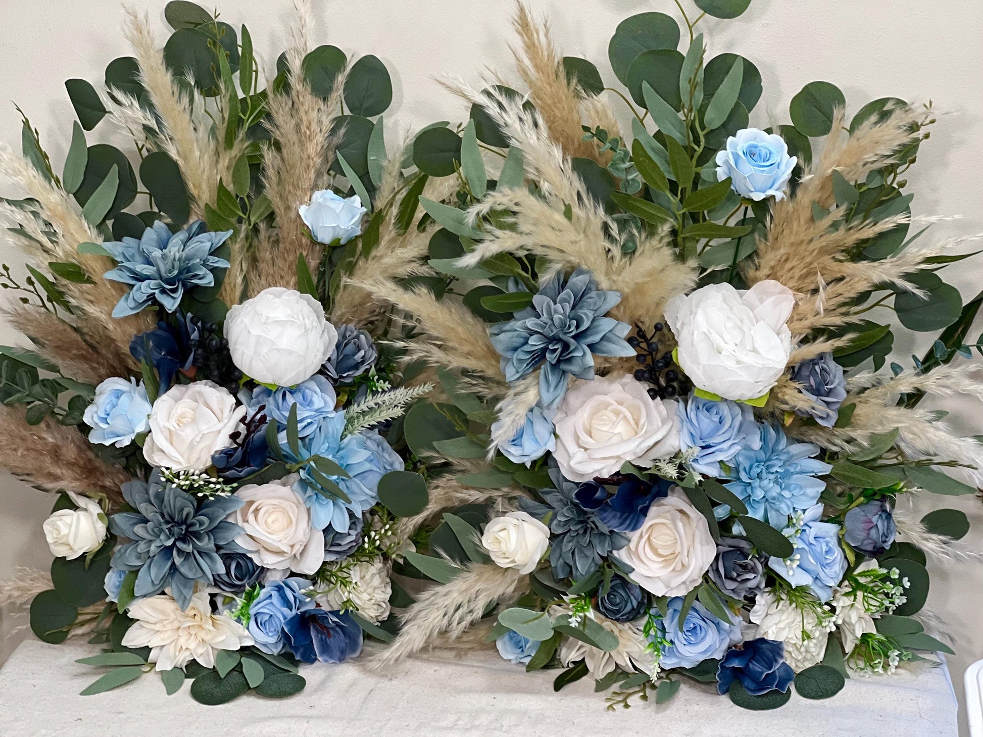 Wedding Aisle Marker Flower Floor Arrangement Whiskey Barrel Décor Blue Boho White Dusty Blue Ground Arch Ivory Blue Sky Pampas Grass