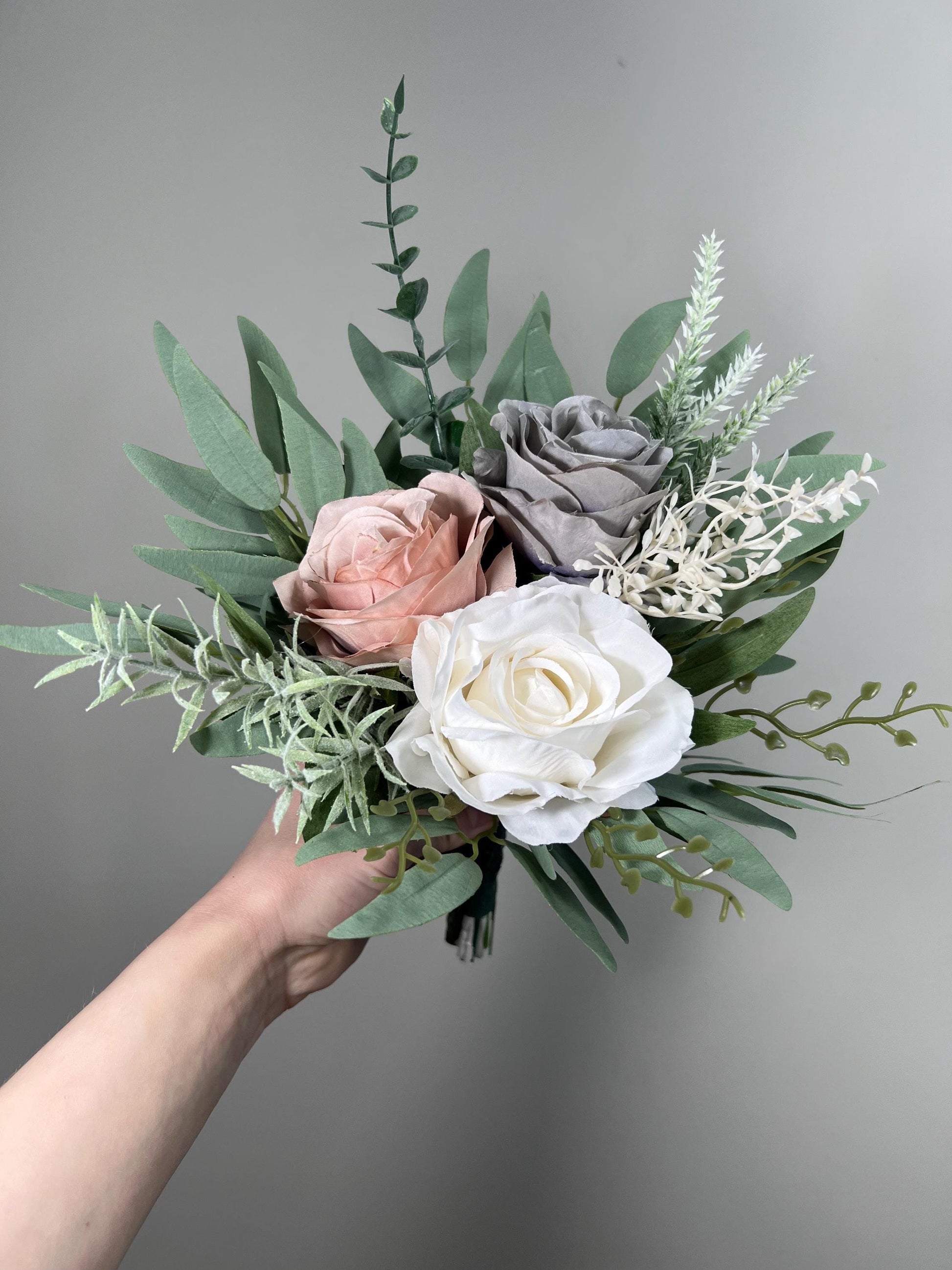 Grey Bouquet Wedding White Dusty Rose Gray Bouquet Bridal Bouquet Grey White Bridesmaids Bouquet Dusty Rose Eucalyptus Artificial Flowers