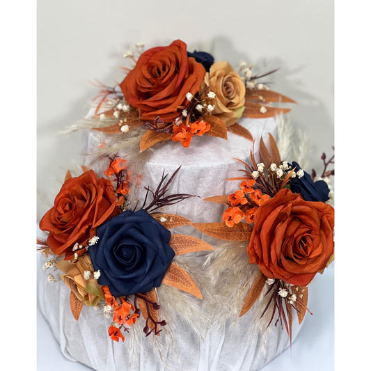 Rust Navy Blue Cake Decor Wedding Terracotta Navy Blue Cake Topper Boho Dark Blue Burnt Orange Cake Decoration Flower Artificial Topper