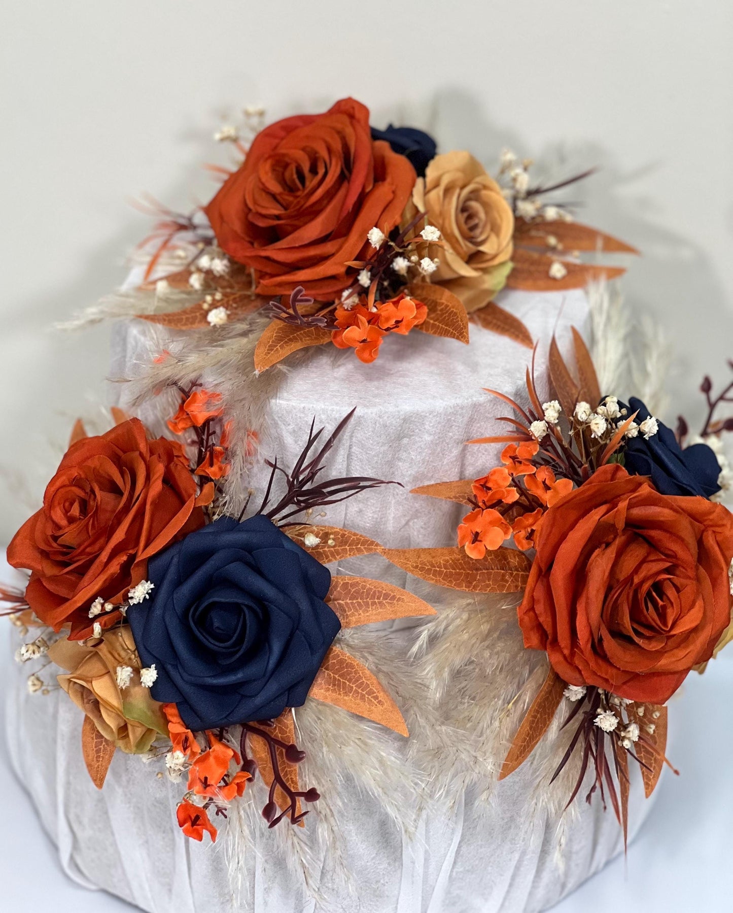 Rust Navy Blue Cake Decor Wedding Terracotta Navy Blue Cake Topper Boho Dark Blue Burnt Orange Cake Decoration Flower Artificial Topper