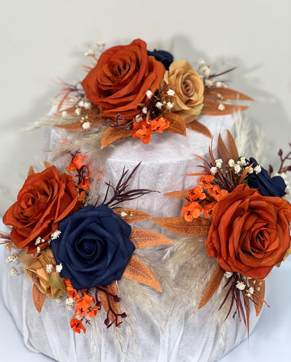 Rust Navy Blue Cake Decor Wedding Terracotta Navy Blue Cake Topper Boho Dark Blue Burnt Orange Cake Decoration Flower Artificial Topper