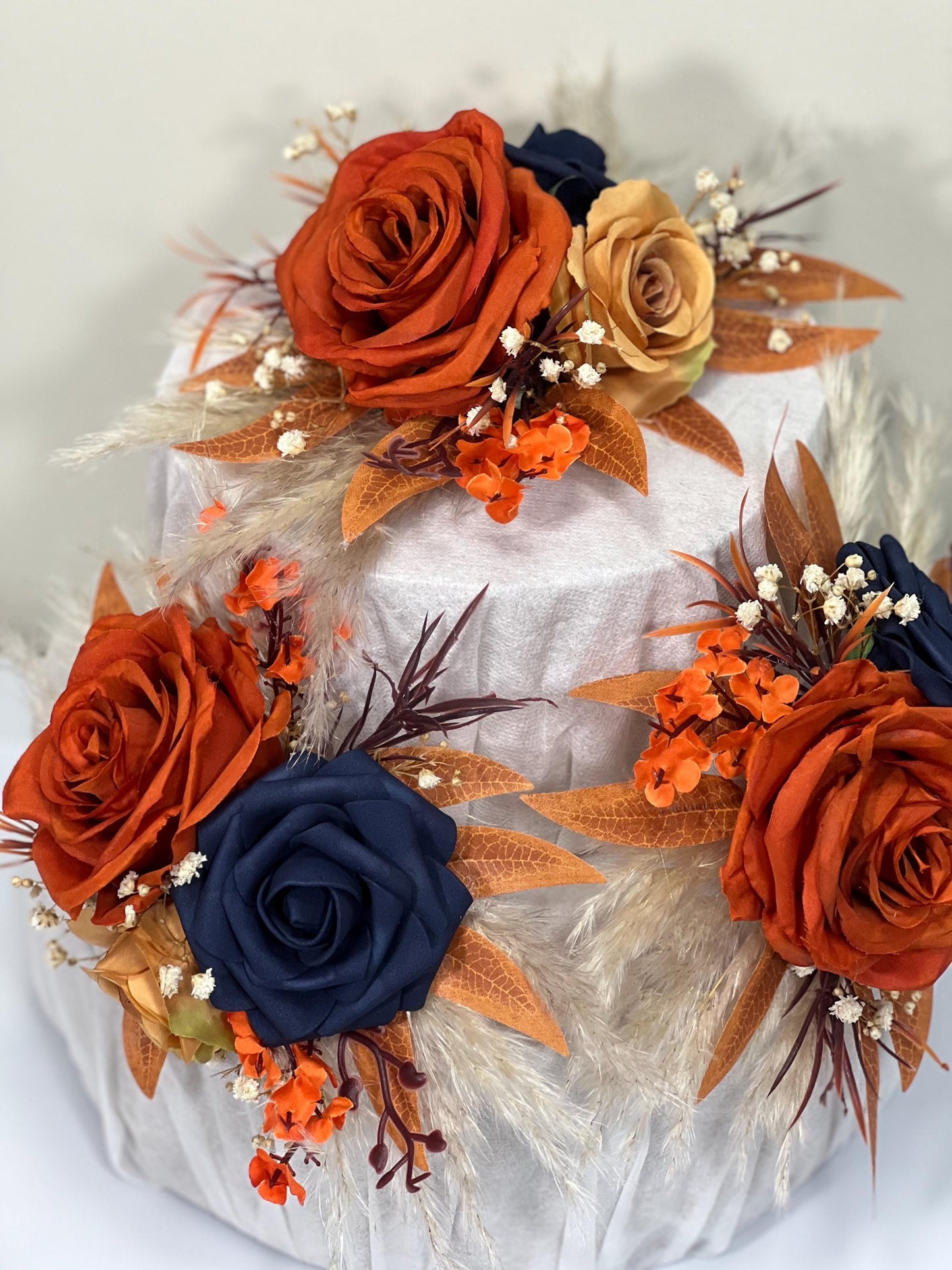 Rust Navy Blue Cake Decor Wedding Terracotta Navy Blue Cake Topper Boho Dark Blue Burnt Orange Cake Decoration Flower Artificial Topper