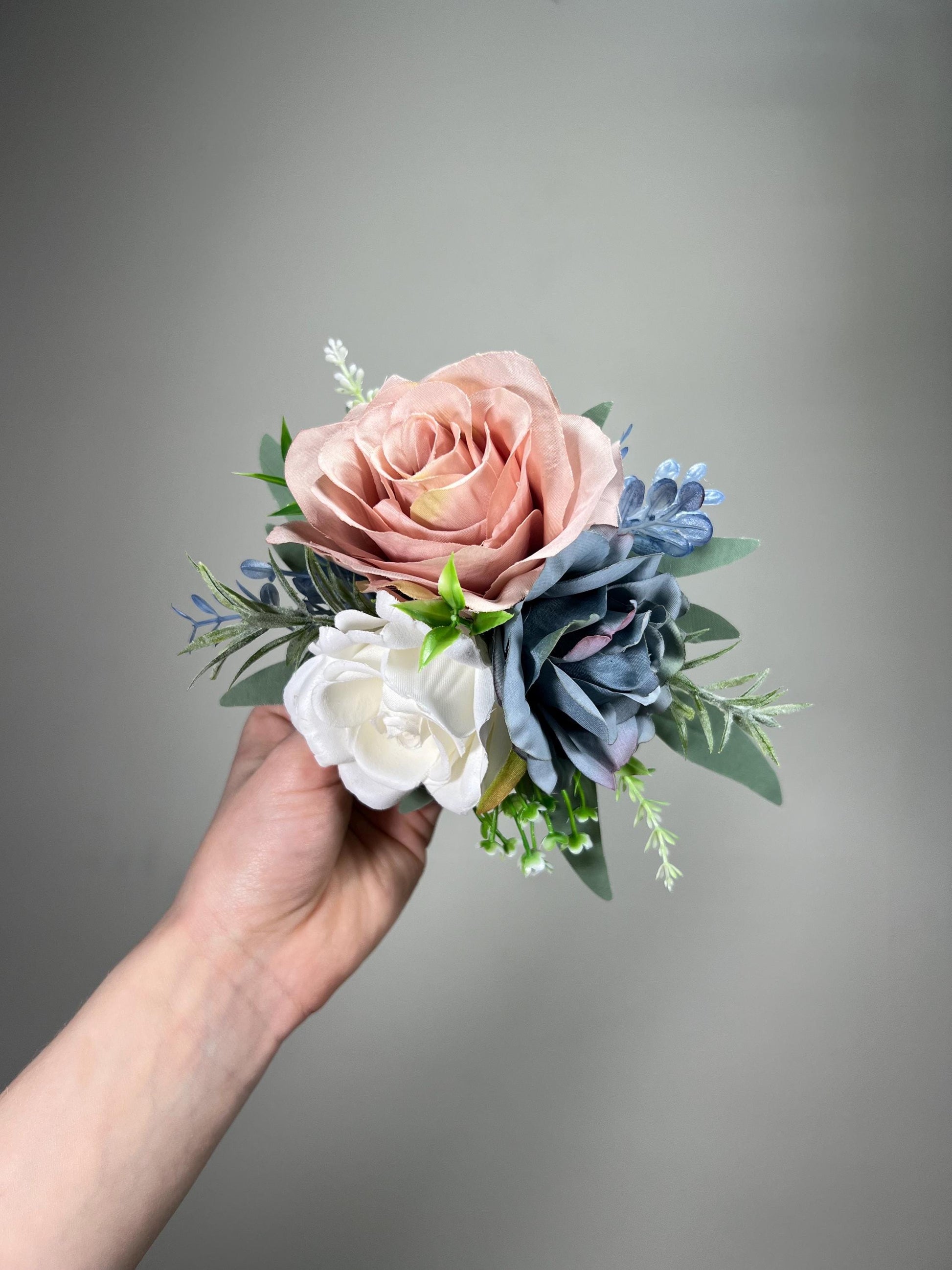 White Dusty Rose Blue Cake Decor Wedding Dusty Blue Ivory Flowers Cake Arrangement Topper Artiricial Flowers Blush Eucalyptus Sage Green