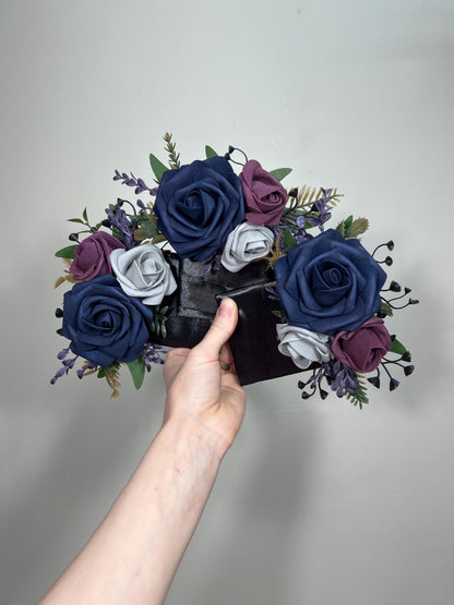 Navy Blue Plum Boutonniere Wedding Groom Pocket Boutonnière Blue Dark Purple Grey Groomsmen Square Boutonniere Navy Blue Artificial Flowers