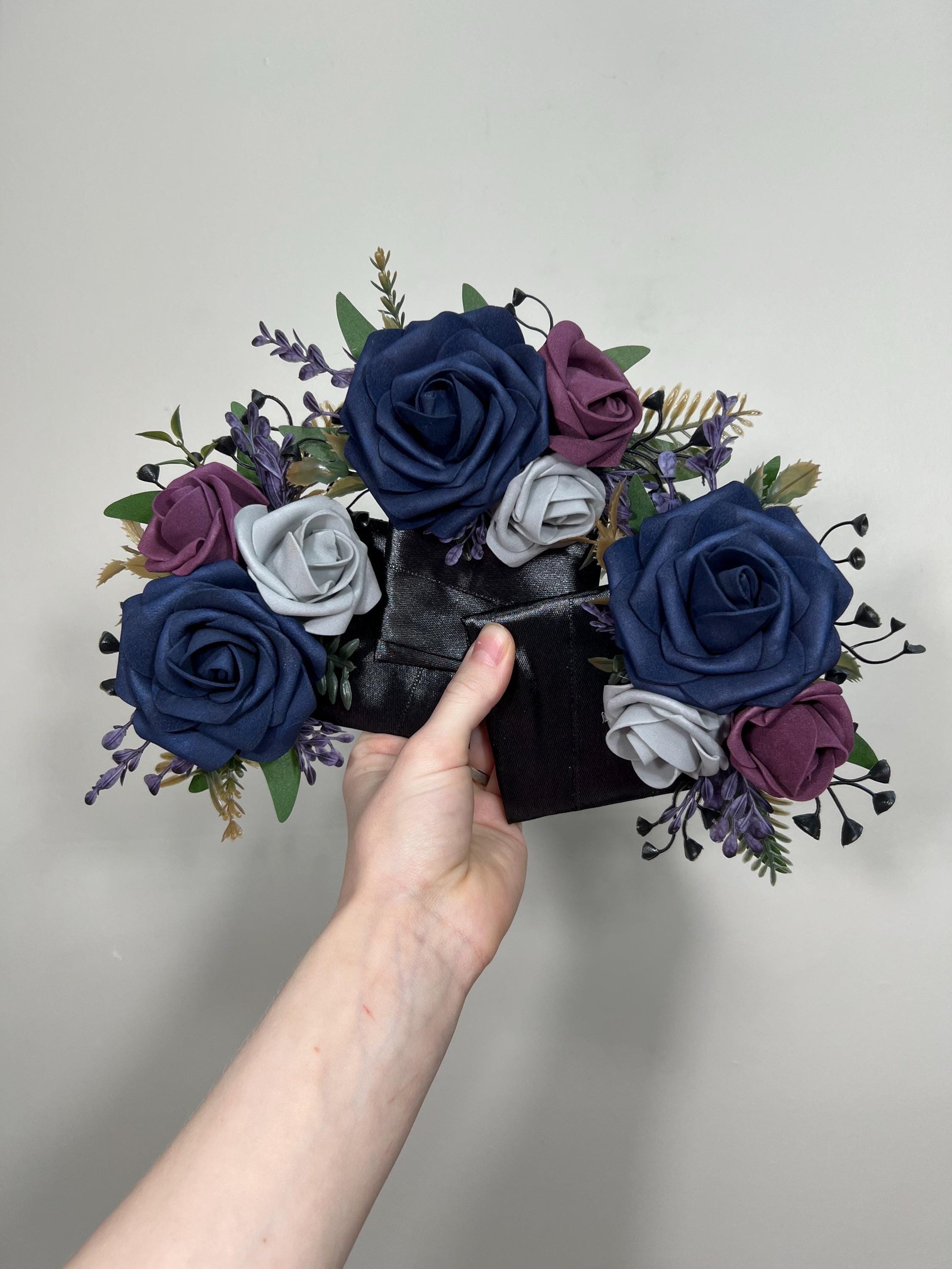 Navy Blue Plum Boutonniere Wedding Groom Pocket Boutonnière Blue Dark Purple Grey Groomsmen Square Boutonniere Navy Blue Artificial Flowers
