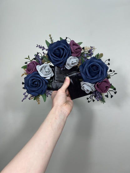 Navy Blue Plum Boutonniere Wedding Groom Pocket Boutonnière Blue Dark Purple Grey Groomsmen Square Boutonniere Navy Blue Artificial Flowers