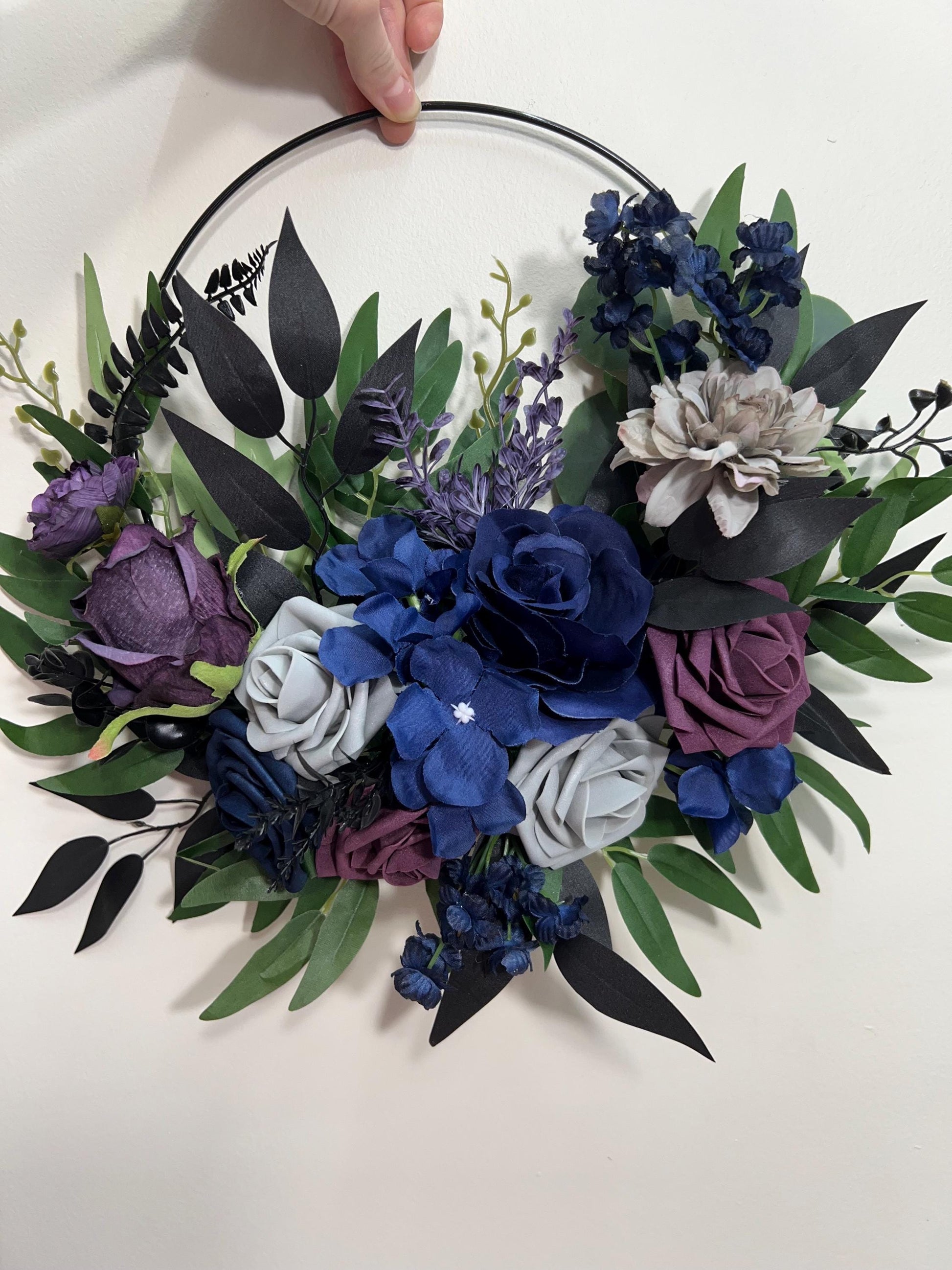 Plum Navy Blue Hoop Wedding Flower Girl Purple Dark Blue Grey Hoop Flower Alternative Bouquet Plum Navy Blue Bridesmaids Hoop Artificial