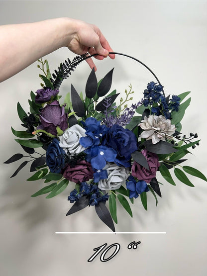 Plum Navy Blue Hoop Wedding Flower Girl Purple Dark Blue Grey Hoop Flower Alternative Bouquet Plum Navy Blue Bridesmaids Hoop Artificial