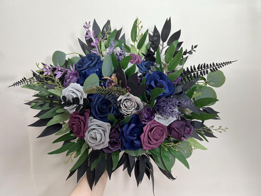 Navy Blue Bouquet Plum Wedding Bridal Bouquet Purple Dark Blue Grey Bouquet Bridesmaids Jewel Tones Bouquet Plum Blue Black Artifical Flower