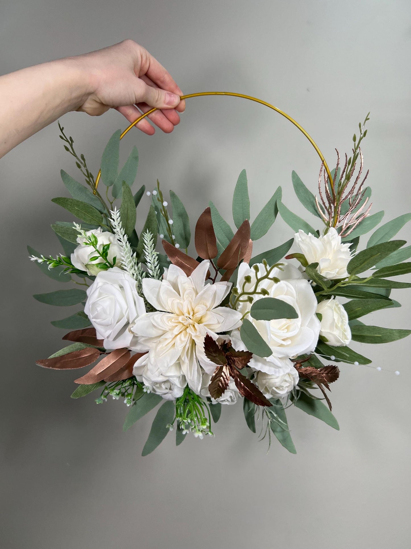 White Hoop Wedding Rose Gold Hoop Bridesmaids White Hoop Flower Girl Ring Wreath Rose Gold Ivory Hoop Flower Eucalyptus Artificial Flower