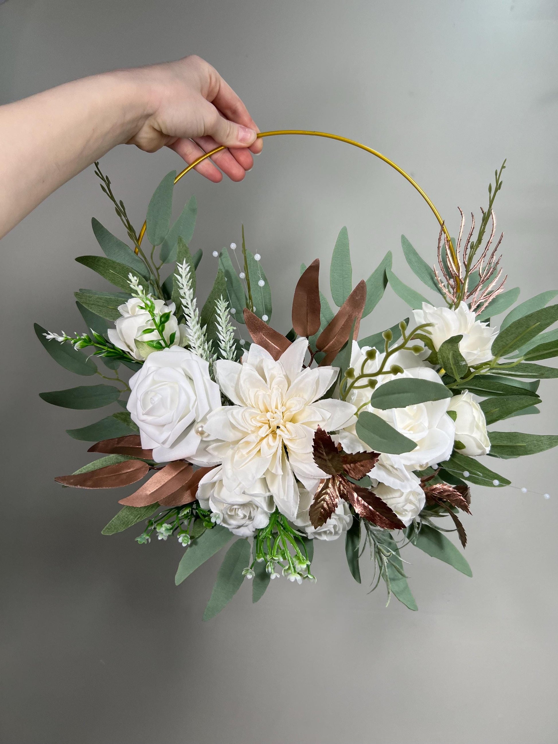 White Hoop Wedding Rose Gold Hoop Bridesmaids White Hoop Flower Girl Ring Wreath Rose Gold Ivory Hoop Flower Eucalyptus Artificial Flower