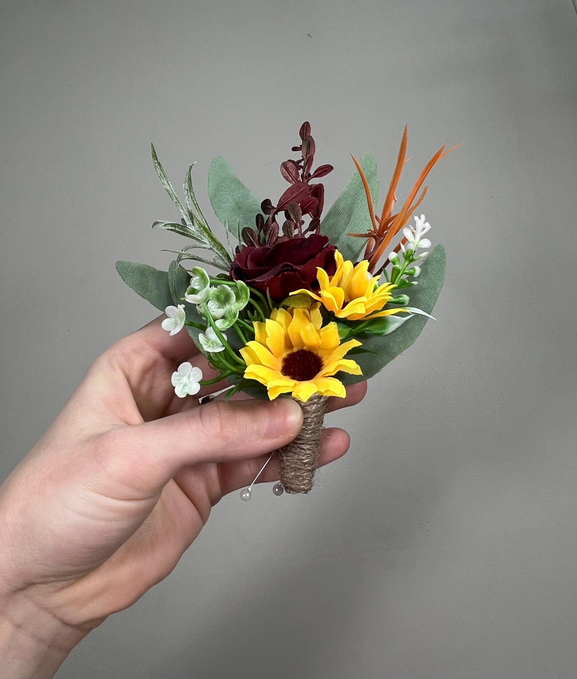 Wedding Sunflower Burgundy Boutonniere Groom Boutonnières Groomsmen Sunflower Boutonnière Maroon Fall Sunflower Yellow Artificial Flowers